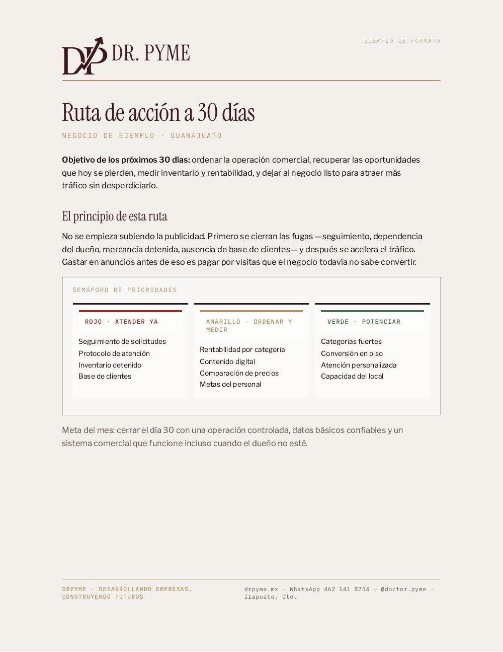 Primera página de una Ruta de Acción a 30 días: objetivo del mes y semáforo de prioridades en rojo, amarillo y verde.